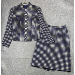 Vintage J. Posen Skirt Suit Womens Medium Blue White Plaid Two Piece Set 60s Mod